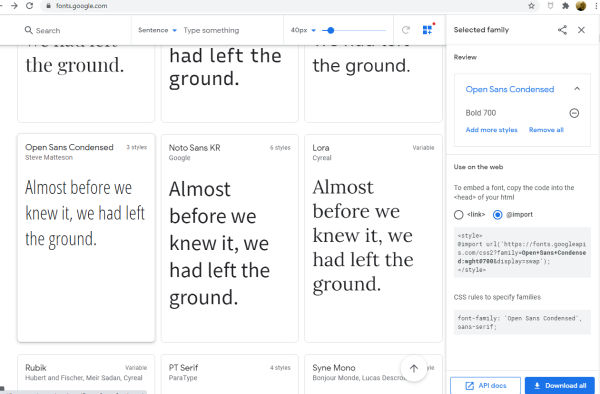 page de google.font pour la sélection d'une police