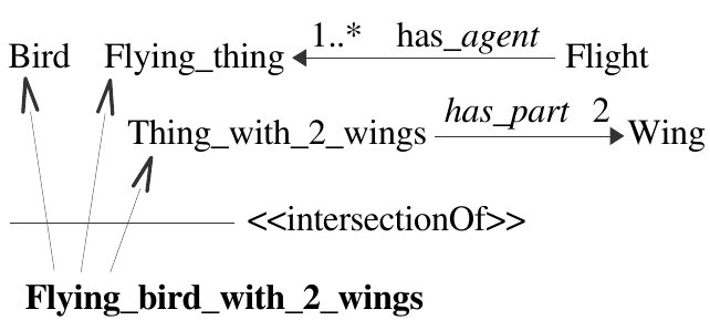 <pre>
       Bird     Flying_thing <small><--1..*---<i>has_agent</i>---</small> Flight
         <big><big>^        ^</sub></big></big>      Thing_with_2_wings <small>---<i>has_part</i>---2--></small> Wing
          \        |      <big><big>↗</big></big>
       ----\-------|-----/----<<<i>intersectionOf</i>>>
            \      |    /
         <b>Flying_bird_with_2_wings</b> </pre>  